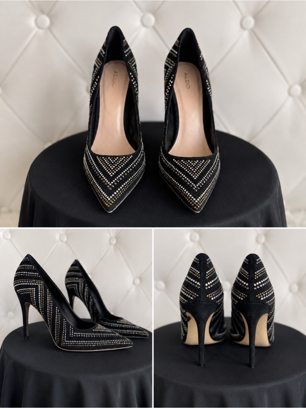 ALDO Black Pointed-Toe Stiletto Heels with Gold & Silver Stud Accents